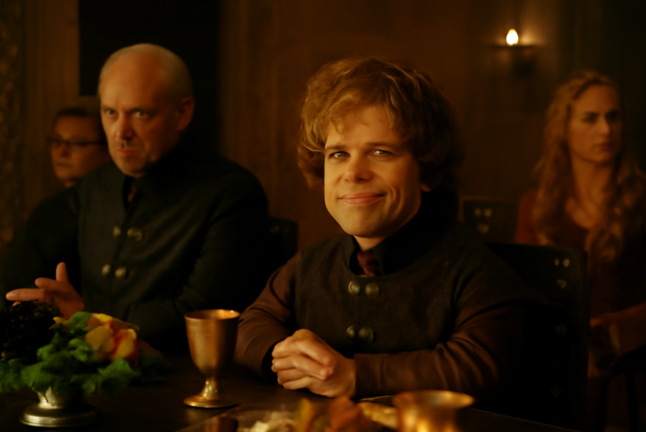 Tyrion Lannister sitting at a feast table with his father Tywin, giving a sarcastic yet amused expression. The background features ornate medieval décor, with Cersei in the distance, highlighting the contrast between Tyrion's playful demeanor and the serious atmosphere.