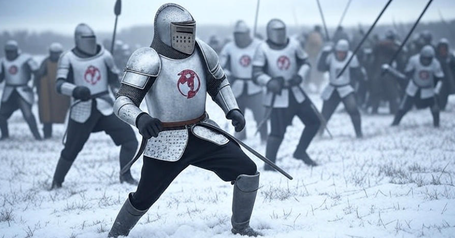 Dramatic battle scene of the Knights of the Vale charging into the Battle of the Bastards, featuring a snow-covered battlefield, cavalry in silver armor with falcon sigils, chaotic clashes, epic cinematic tone, Game of Thrones style, 