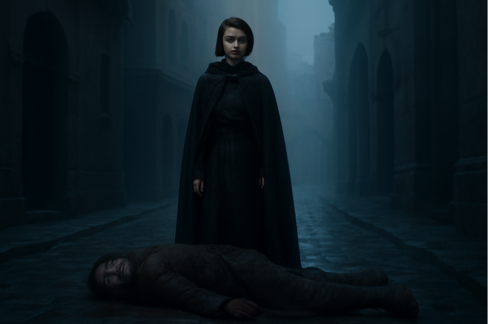 A young woman disguised as a servant, holding a tray with a sinister smile, stands in a dark, candle-lit room, her ominous presence accentuated by grim shadows hinting at imminent revenge, in a 16:9 aspect ratio scene. 