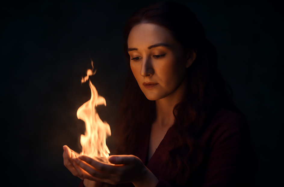 Melisandre holding a glowing flame in her hands, with a contemplative expression. The firelight reflects off her face, symbolizing the balance of faith and free will, set against a dark, moody background.