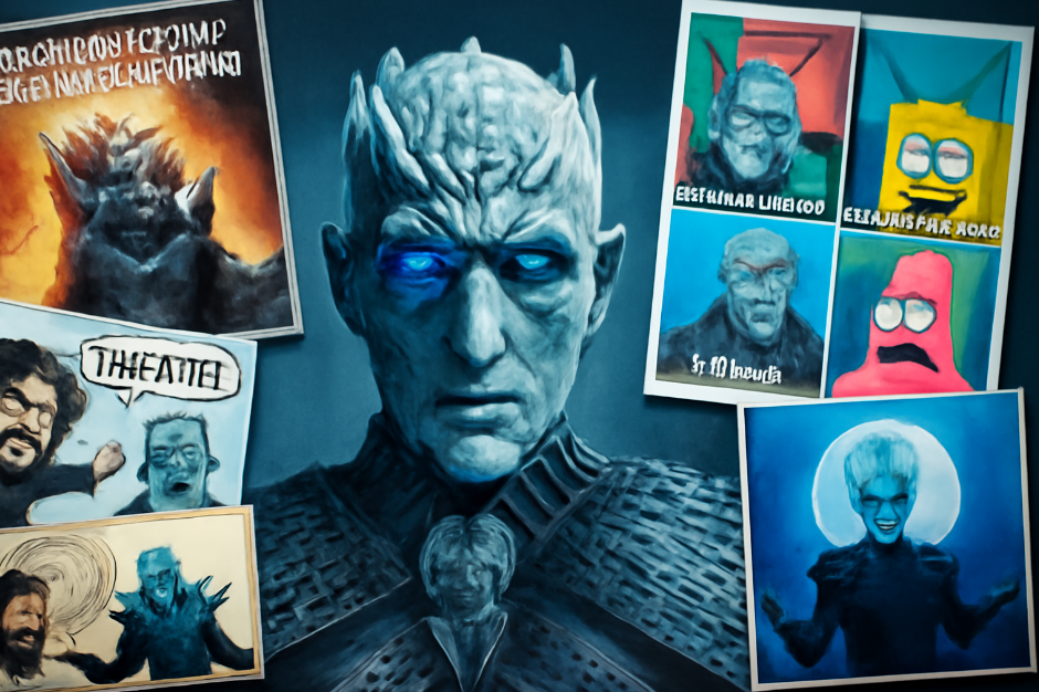 Digital collage featuring the Night King from Game of Thrones, with glowing blue eyes, surrounded by various memes and fan art that highlight his status as a pop culture icon.