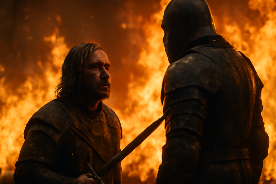 Sandor Clegane (The Hound) facing his towering opponent, The Mountain, in a fiery battlefield, symbolizing his moment of redemption in Game of Thrones.