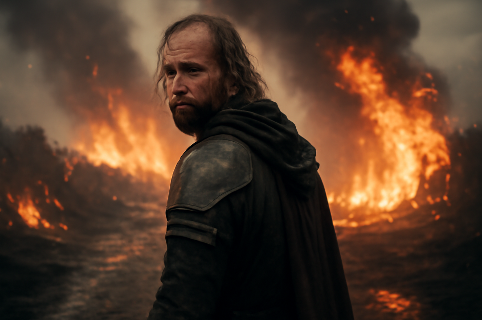 Sandor Clegane (The Hound) walking away from a fiery battlefield, looking back with a solemn expression, symbolizing his journey of redemption in Game of Thrones.