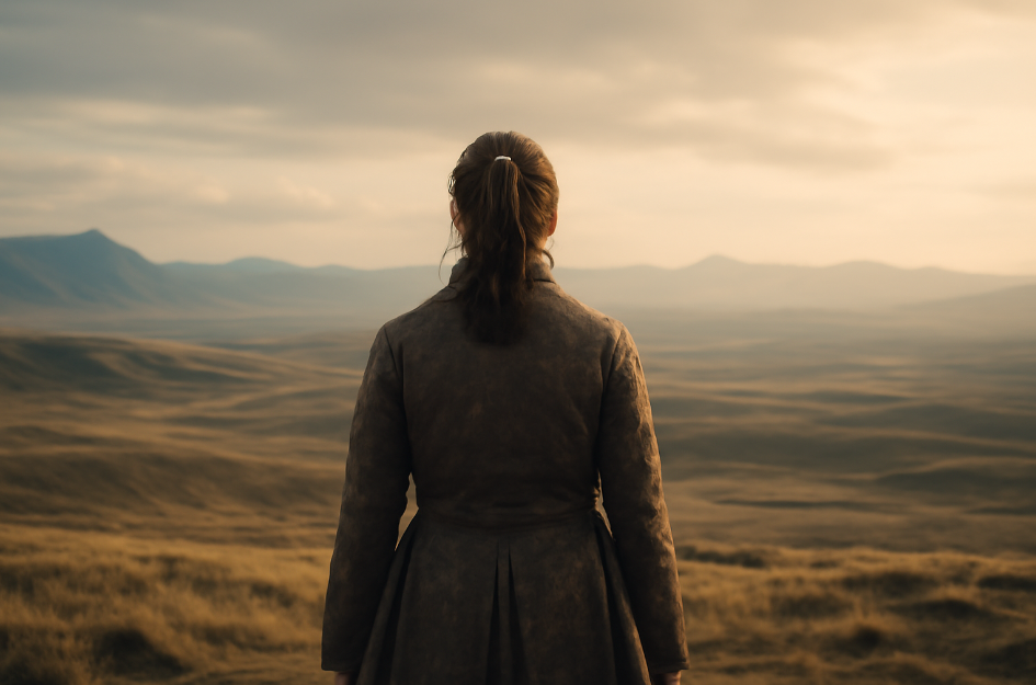 Arya Stark standing alone on a hilltop, with her back turned, gazing at a vast, open landscape. Her posture is confident and reflective, symbolizing her growth and maturity after her journey with The Hound, with a serene and expansive backdrop.
