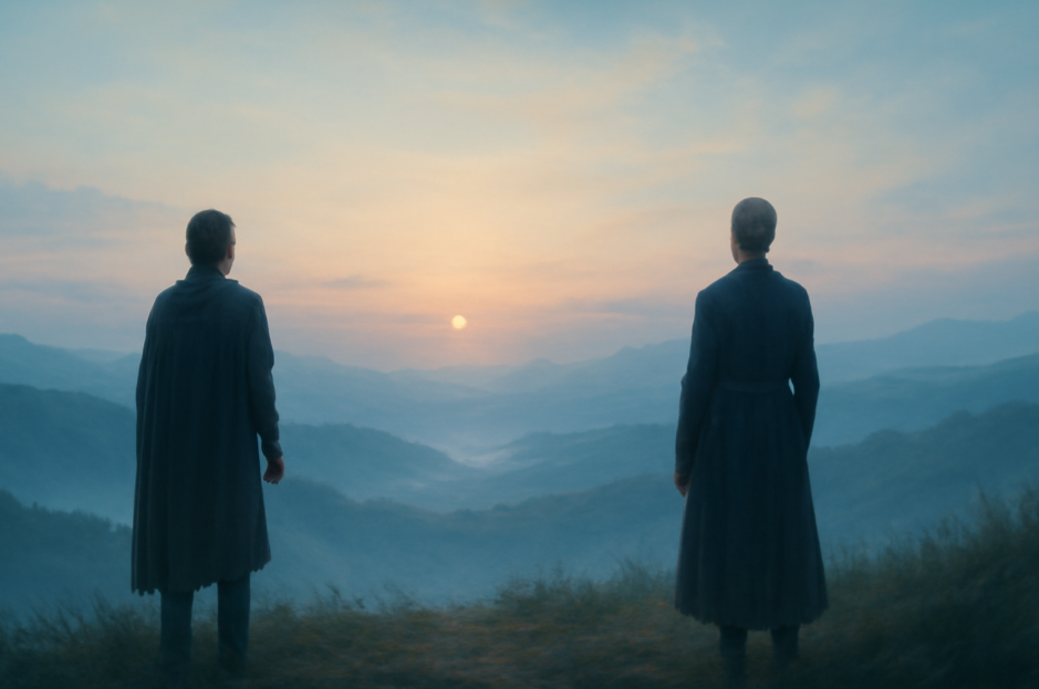 aime Lannister and Brienne of Tarth standing apart on a grassy hill at dawn, gazing towards the horizon. The soft light of the rising sun illuminates the serene landscape, symbolizing the lasting impact of their bond despite their emotional separation. 