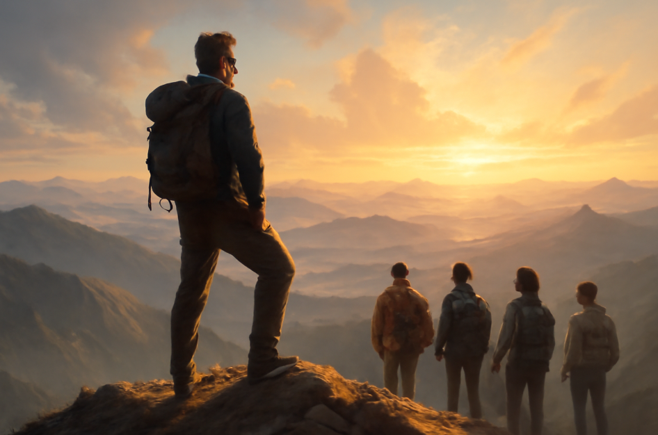Leader standing at the peak of a mountain with their team, gazing out over a vast landscape at sunrise, symbolizing accomplishment, leadership, and the rewards of embracing responsibility.
