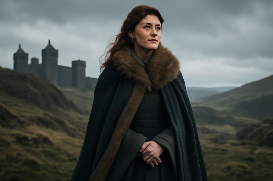 Catelyn Stark standing confidently in a windswept medieval landscape, looking towards the horizon with a determined expression. Dressed in a dark, fur-lined cloak, she embodies strength and unwavering principles, with a distant castle in the background symbolizing legacy and determination."