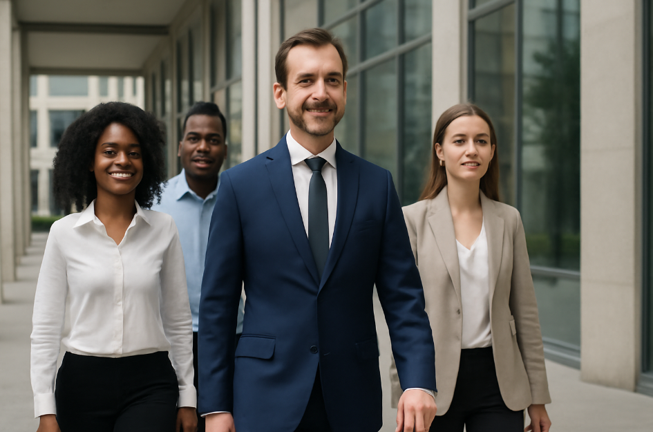 A diverse group of professionals walking confidently outside a modern office building. The Caucasian male leader, dressed in a navy suit, leads the way, guiding his team of three colleagues—an African American woman, a Caucasian woman, and an African American man—towards success. The bright, natural light highlights their unity, trust, and focus, set against the backdrop of a sleek, glass office building.