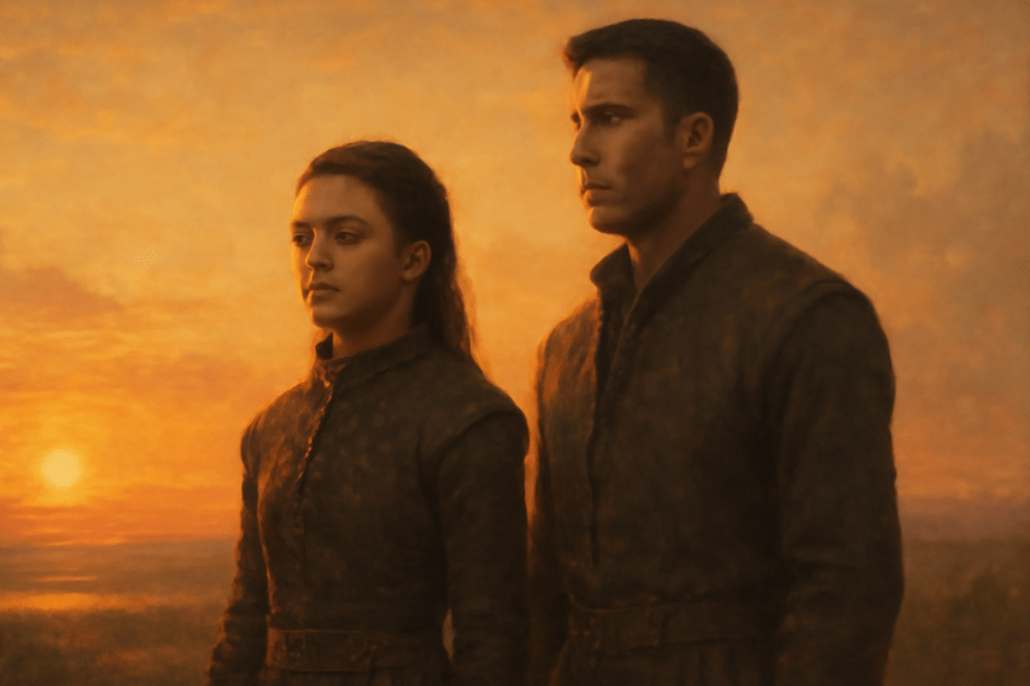 Arya Stark and Gendry standing side by side, looking towards the horizon as the sun sets. Their expressions are calm and reflective, embodying the depth of their friendship. The warm, golden glow of the setting sun creates a peaceful and serene atmosphere, symbolizing the strength of their bond against a backdrop of rolling fields.