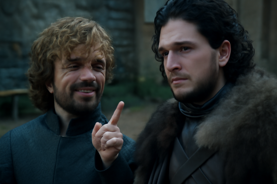 Tyrion Lannister playfully mimicking Ygritte’s iconic line 'You know nothing, Jon Snow' with a mischievous smile, while Jon Snow looks on with a mix of amusement and confusion. The scene is set against a weathered stone backdrop." 