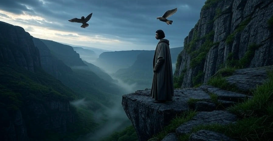 A symbolic fantasy scene featuring a lone figure in a flowing cloak standing on a high cliff in the Vale, gazing down at a lush green valley below, with a falcon soaring overhead. The moody lighting and high fantasy art style evoke themes of isolation, reflection, and strength,