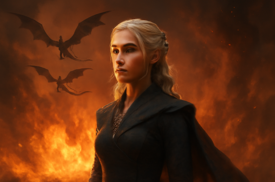 Daenerys Targaryen standing resolutely in front of a fiery backdrop, with her dragons soaring above, symbolizing her unwavering commitment to freedom and leadership.