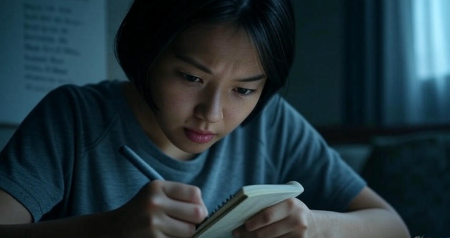 A close-up of a young woman with short dark hair, intensely focused while writing in a small notebook, her determined expression hinting at a deadly mission, with a list of names in the background. 