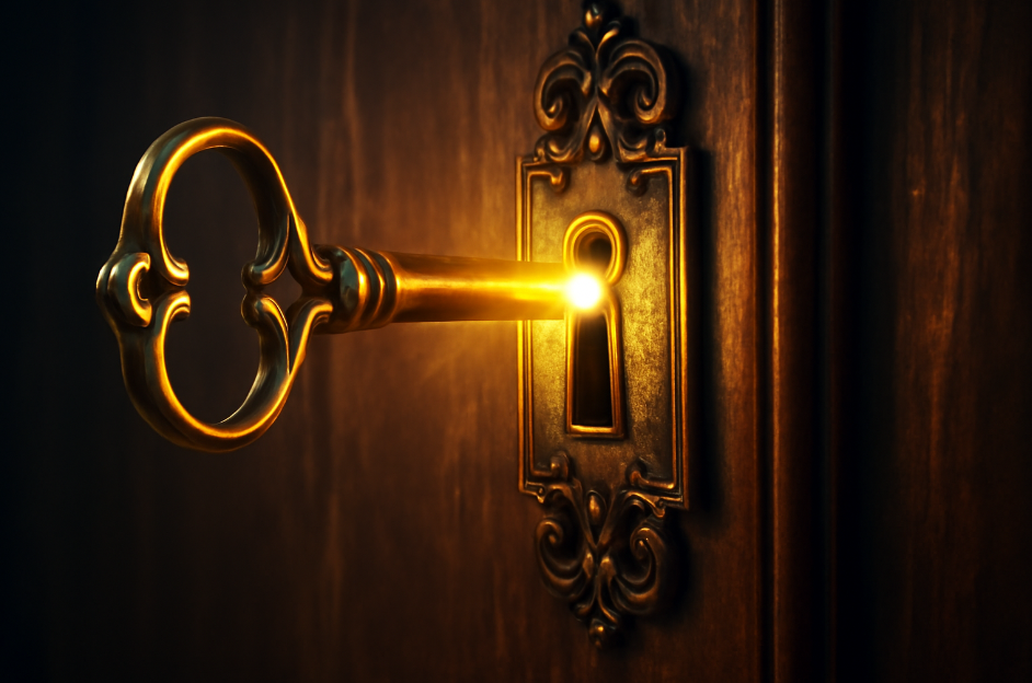 Close-up of an antique golden key unlocking an ornate door, symbolizing the unlocking of potential and success through wisdom and strategic thinking.

