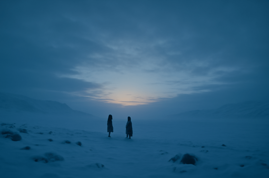 Silhouettes of two figures standing in a snow-covered landscape at dawn, with soft sunlight breaking through the overcast sky, creating a serene, wintry atmosphere.