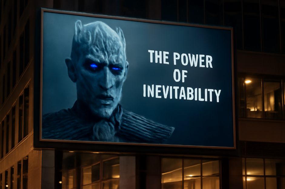 Billboard advertisement in an urban nighttime setting featuring the Night King from Game of Thrones, with glowing blue eyes and the tagline 'THE POWER OF INEVITABILITY'.