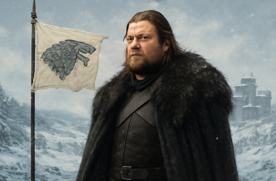 Eddard 'Ned' Stark from Game of Thrones standing proudly in front of the Stark family banner, overlooking a snowy Winterfell landscape. His expression reflects pride, responsibility, and leadership, with the wintry backdrop emphasizing the harsh world he leads.