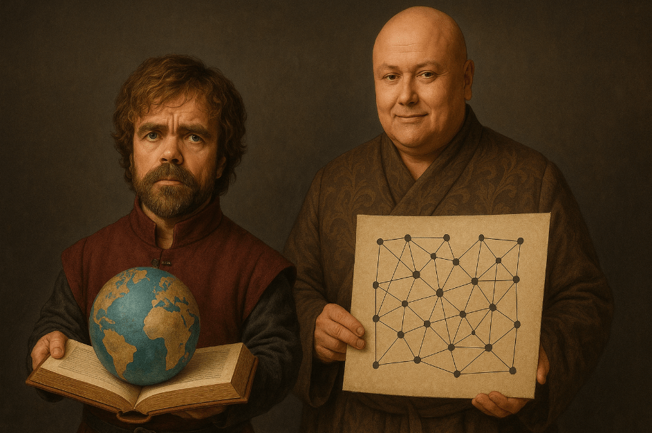Tyrion Lannister holding an open book with a globe beside Varys holding a network map, symbolizing contrasting leadership traits of intelligence, empathy, strategy, and subtle influence—realistic 16:9 digital painting. 