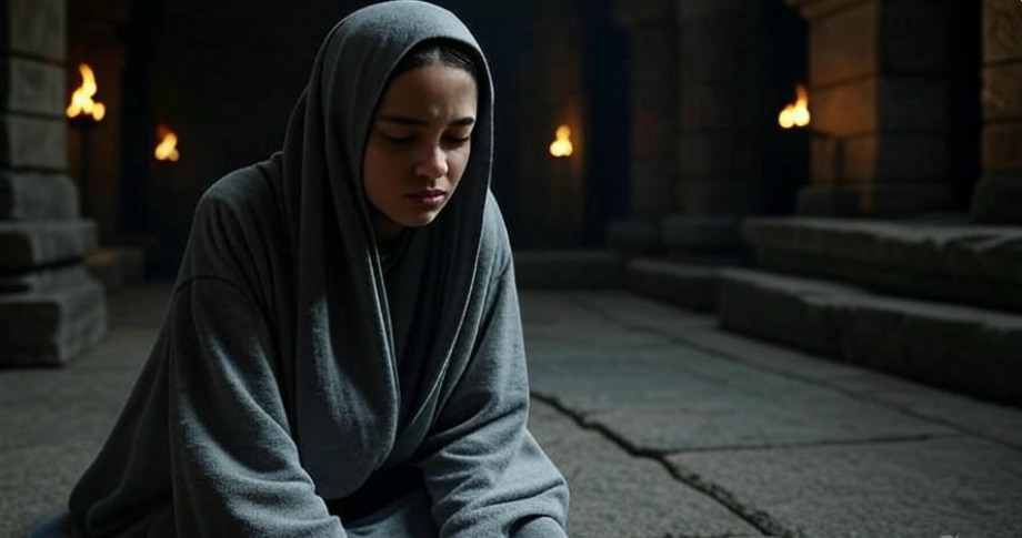A young woman dressed in the robes of a Faceless Man, kneeling in deep concentration within an ancient stone temple surrounded by shadows, her calm and emotionally detached face reflecting intense training, captured 