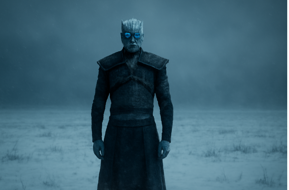 Night King from Game of Thrones standing alone in a snow-covered field, with glowing blue eyes piercing the desolate landscape, symbolizing his enduring power and legacy.