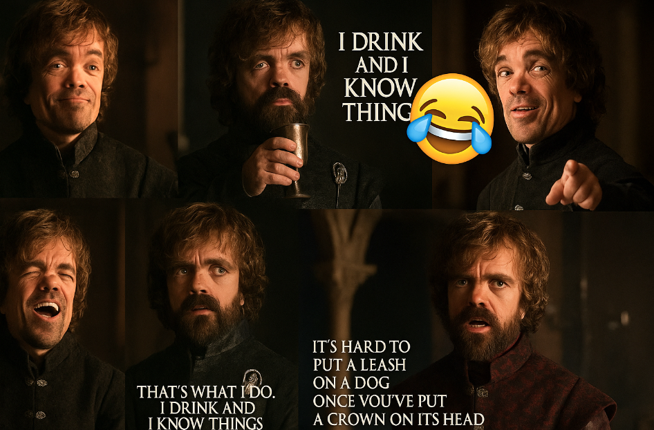 Collage of Tyrion Lannister's funniest moments from Game of Thrones, featuring iconic quotes like 'I drink and I know things' with expressive reactions and a laughing emoji" 