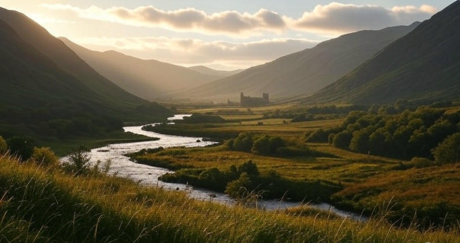 Panoramic fantasy view of the Vale of Arryn at sunset, with golden light illuminating the lush valley and the distant Eyrie castle. A sparkling river winds through the landscape, surrounded by soft clouds and mountains casting long shadows, creating a peaceful and mysterious atmosphere