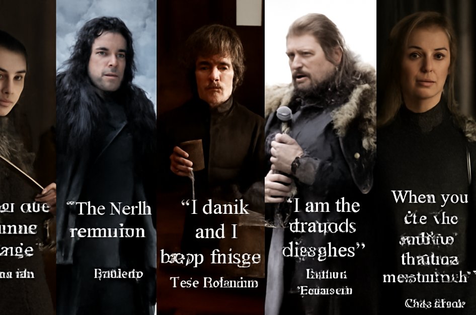 Collage of six iconic Game of Thrones characters—Arya, Jon, Tyrion, Ned, Daenerys, and Cersei—standing in their signature poses, with famous quotes overlaid, reflecting their diverse journeys and pivotal moments from the series.