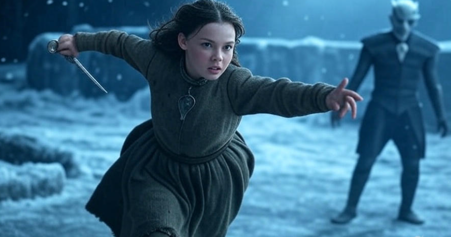 A young woman leaping through the air with a dagger, poised to strike the Night King with pure determination, set against a dark, icy, storm-swirled background symbolizing an epic battle 