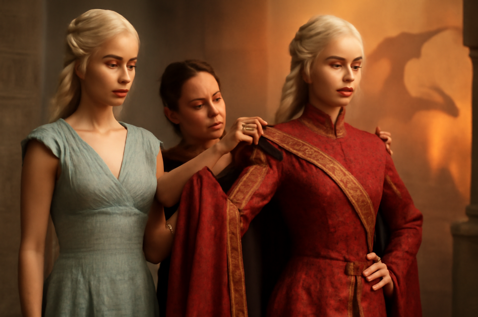 Daenerys Targaryen in a costume fitting, showcasing the contrast between her early soft blue gown and later bold red and gold regal attire, symbolizing her transformation from a vulnerable princess to the powerful Mother of Dragons in Game of Thrones."