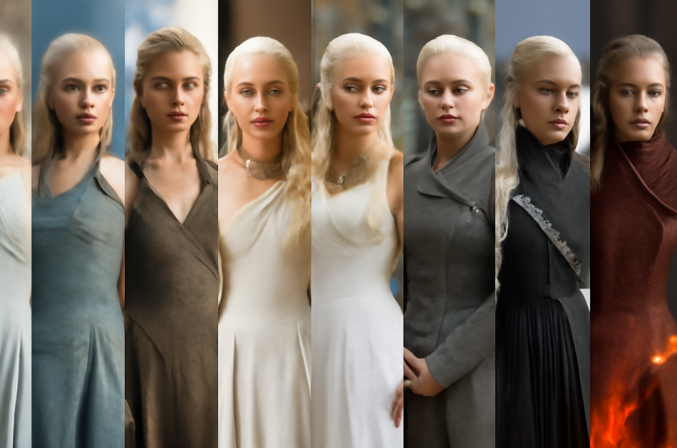 Collage of Daenerys Targaryen showcasing her costume evolution from Season 1 to Season 8 in Game of Thrones, illustrating her transformation from a vulnerable princess to a powerful queen, with each outfit representing a key stage in her character development."