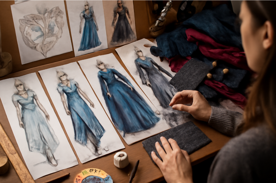 "Behind-the-scenes of Daenerys Targaryen's costume design process, featuring sketches of her iconic outfits from Game of Thrones, with fabric samples and sewing tools, reflecting the meticulous effort in creating her powerful costumes.