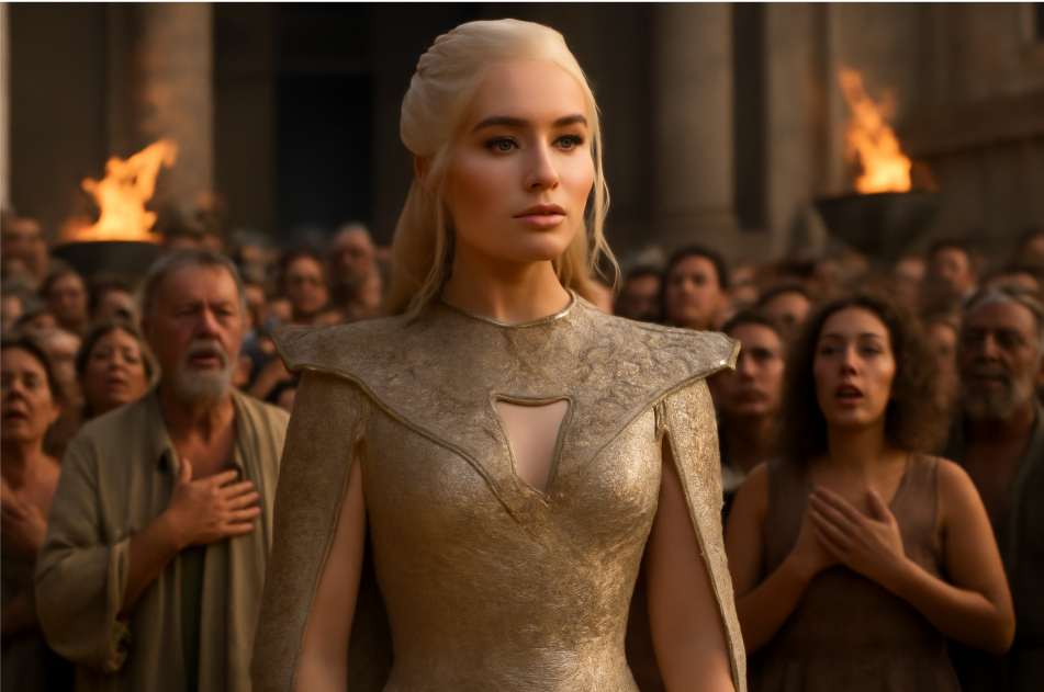 Daenerys Targaryen in her iconic silver and gold gown from Season 6 of Game of Thrones, standing confidently in a grand Meereen courtyard, with a captivated crowd showing admiration and awe, symbolizing her transformation into a powerful queen.