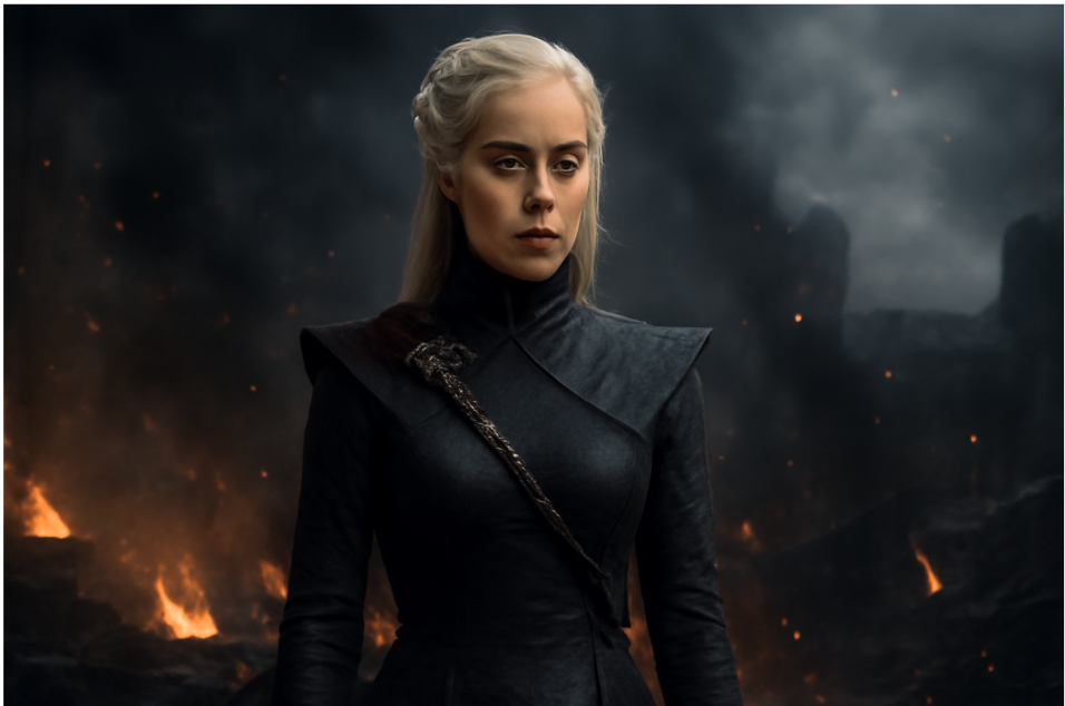Daenerys Targaryen in her final black dragon-scale gown from Season 8 of Game of Thrones, standing in a fiery, war-torn backdrop, symbolizing her strength and inner conflict as the 'Dragon Queen' amidst destruction.
