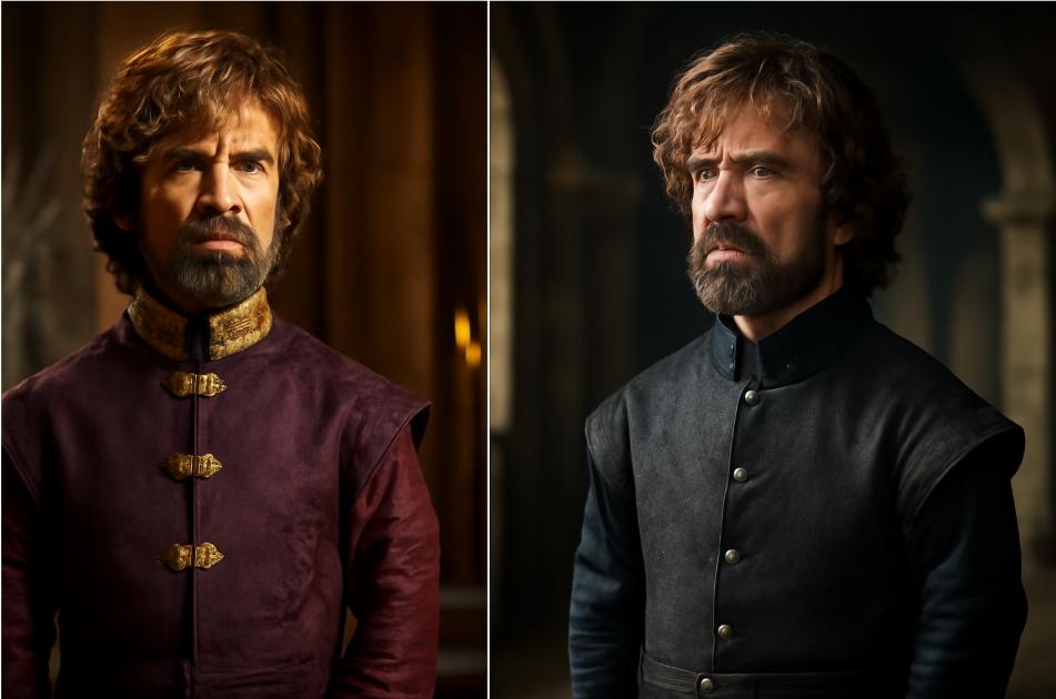 "Split image of Tyrion Lannister in two contrasting outfits: on the left, he wears a regal purple and gold velvet robe symbolizing wealth and status, and on the right, he dons a dark, practical attire reflecting growth and inner transformation, highlighting his character evolution in Game of Thrones." 