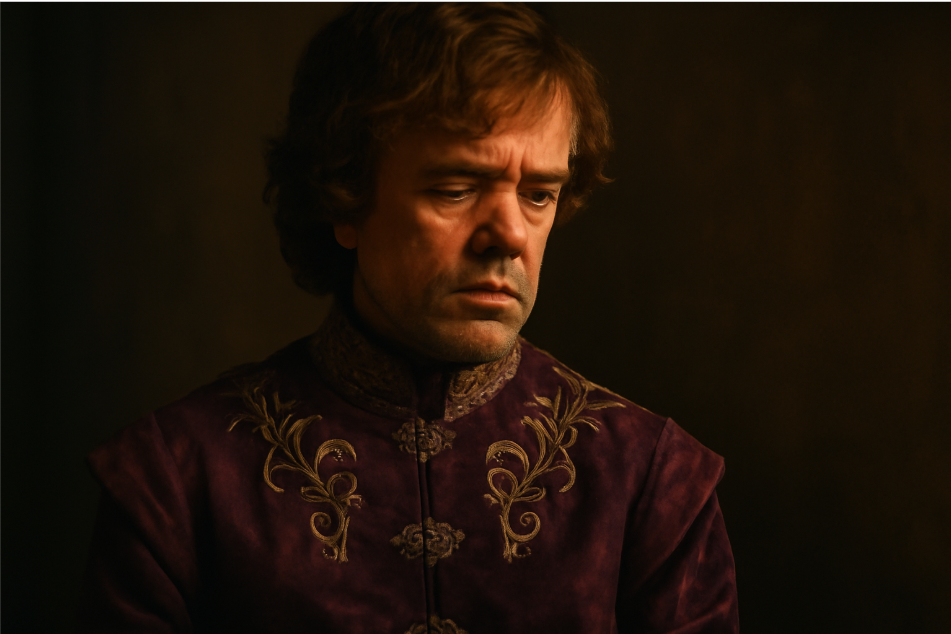 "Portrait of Tyrion Lannister in rich purple velvet medieval robes with gold embroidery, standing in a dimly lit room, exuding nobility and emotional distance, reflecting his complex character in Game of Thrones." 