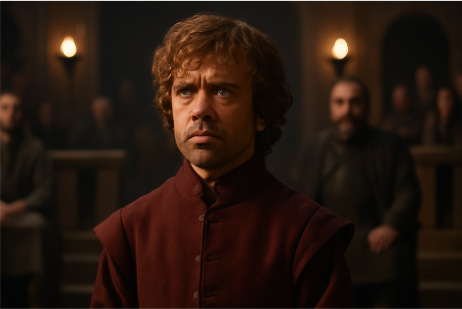 "Tyrion Lannister in a burgundy tunic, standing in a medieval courtroom with a determined yet vulnerable expression, symbolizing his internal struggle during his trial in Game of Thrones." 