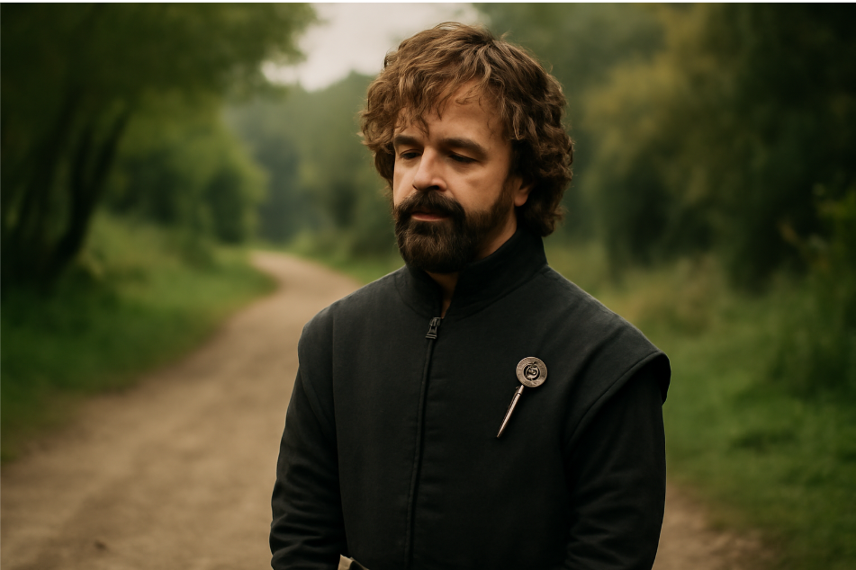 "Tyrion Lannister in simple dark medieval attire, standing on a quiet, reflective path surrounded by greenery, conveying peace, wisdom, and personal growth in a serene outdoor setting." 