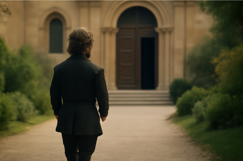 "Tyrion Lannister in dark medieval attire, walking away from a grand palace, symbolizing introspection and personal growth, surrounded by a serene natural setting." 