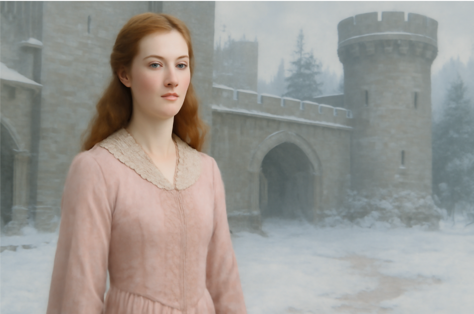 "Portrait of a young woman in a pastel pink gown with lace collars, standing in a snowy medieval courtyard. Her serene expression and delicate attire symbolize innocence and traditional nobility, set against a wintry, castle backdrop." 