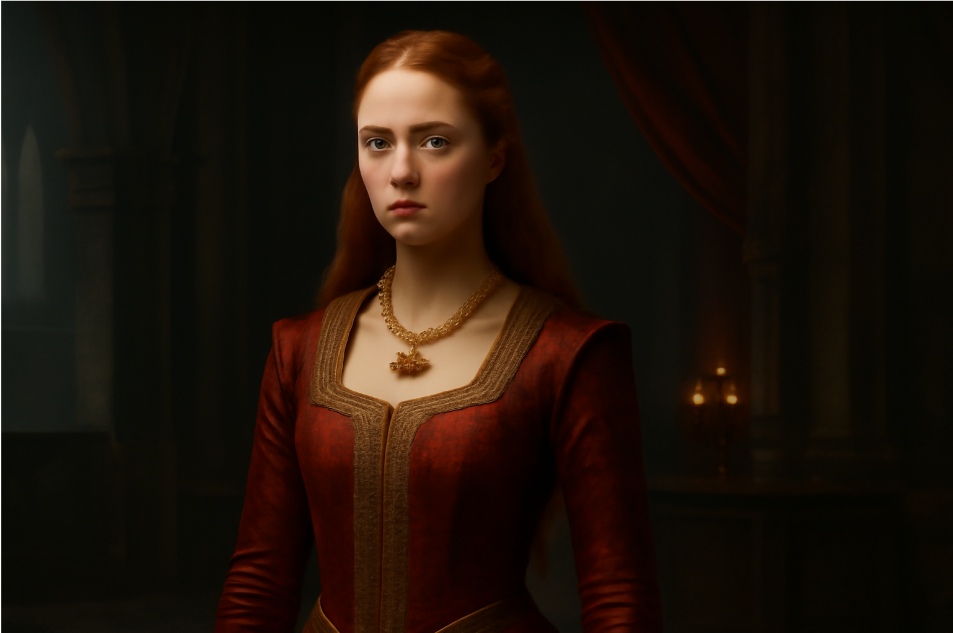 "Portrait of a young woman in a regal red and gold gown with sharp lines, standing in a medieval palace hall. She has an assertive posture and wears bold jewelry, including a lion necklace, symbolizing power and political intrigue." 