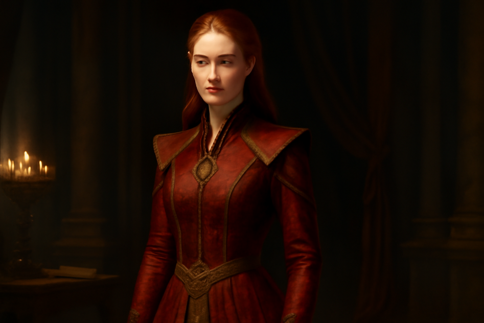 "Portrait of a young woman in a regal red and gold gown with military-inspired tailoring. She stands confidently in a medieval hall, adorned with Lannister jewelry, including a lion-shaped necklace, symbolizing power and political intrigue." 