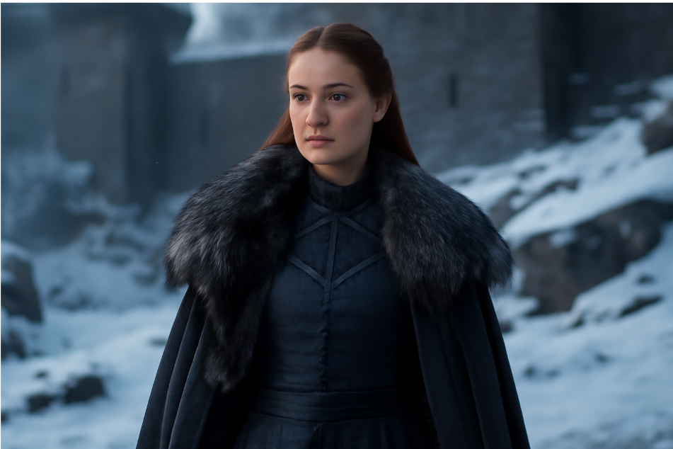 "Portrait of a young woman in a dark, fur-lined cloak and deep blue gown, standing confidently in a snowy, rugged landscape. Her attire symbolizes strength, resilience, and a connection to the North, set against a medieval fortress backdrop." 
