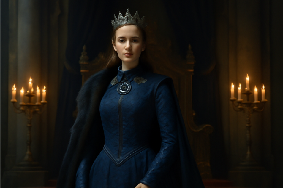 "Portrait of a regal woman in a deep royal blue gown with intricate designs and structured tailoring, wearing a crown and bold jewelry. She stands confidently in a grand throne room, symbolizing authority and leadership, with candles illuminating the scene." 