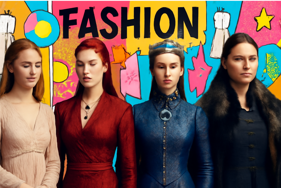 "Pop-art-inspired digital collage featuring a woman in four different medieval fantasy outfits: a soft pastel gown, a military-style robe, regal Queen attire, and a fur-lined cloak. The vibrant background includes bold fashion-forward elements and pop culture icons, symbolizing a powerful transformation." 