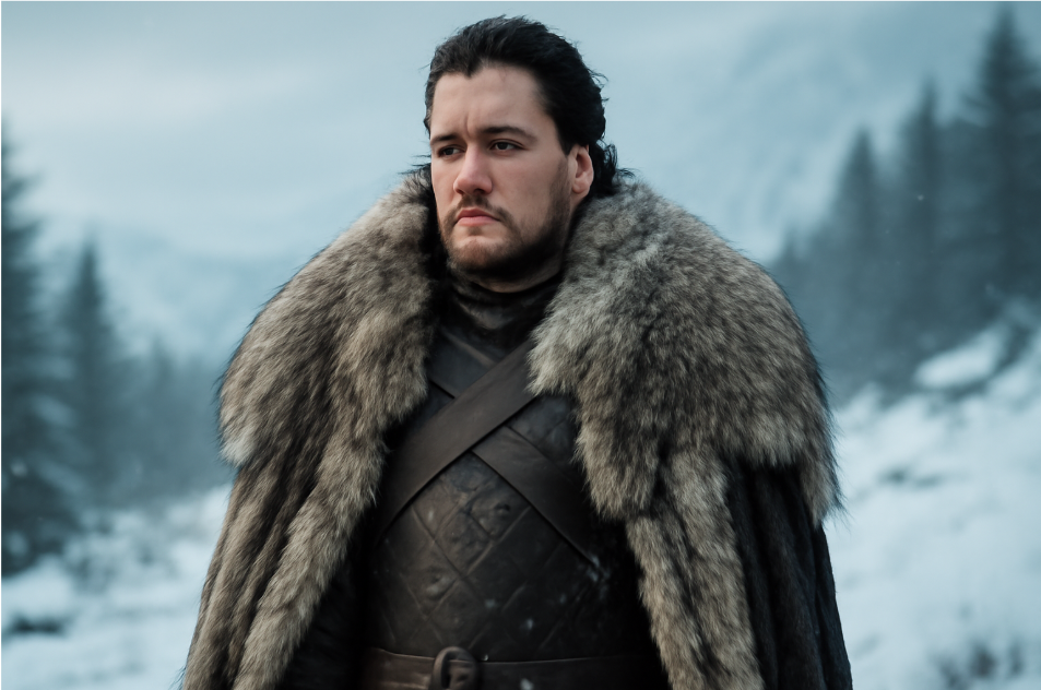 "Jon Snow from Game of Thrones standing in a snowy landscape, wearing a luxurious fur cloak with the Stark sigil and leather armor. The cold Winterfell backdrop highlights his noble yet rugged appearance, embodying his connection to House Stark." 