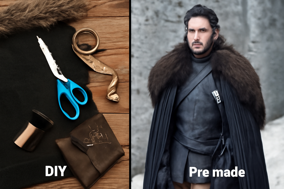 "Side-by-side comparison of a DIY Jon Snow costume with sewing tools and materials on the left, and a high-quality, pre-made Jon Snow costume with detailed fur cloak and leather attire on the right. The image contrasts the rustic, personal DIY approach with the polished, professional look of a pre-made cosplay outfit." 