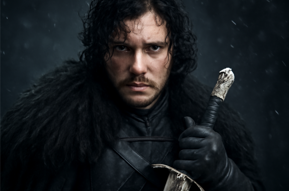"Close-up shot of Jon Snow from Game of Thrones in a battle-worn look, featuring messy hair, rugged features, and weathered leather armor. Holding his sword, Longclaw, the intense gaze and serious expression reflect his fierce, battle-hardened persona. The dark, snowy backdrop adds to the cold, gritty atmosphere." 
