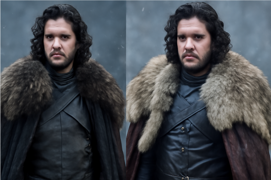 "Side-by-side comparison of Jon Snow’s costume from Game of Thrones. On the left, a well-made, authentic Jon Snow costume with natural textures and the right amount of fur. On the right, a poorly constructed version featuring overly shiny materials, too much fur, and poor fit. The image highlights the contrast between a high-quality and a low-quality costume." 