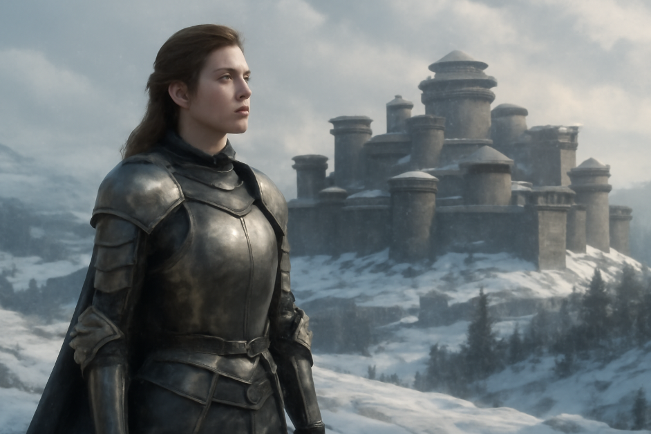 Young female warrior in gleaming armor standing proudly before Winterfell, overlooking a snowy northern landscape with a confident expression under falling snow. 