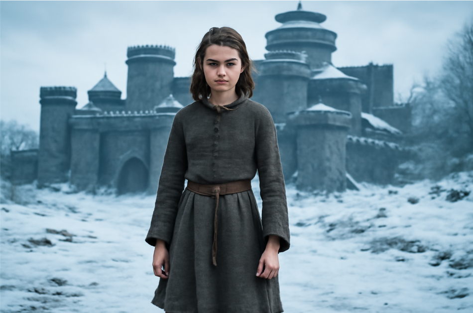 "Arya Stark standing confidently in front of Winterfell, dressed in a simple woolen dress and boots, with a rebellious stance against the snowy landscape. Her determined gaze and posture symbolize her desire for independence, with the cold, snowy backdrop reflecting her inner strength and discomfort with societal expectations."








